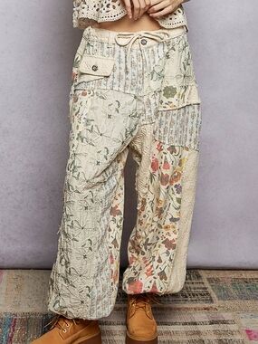 POL Boho Patchwork Floral Cream Wide-Leg Pants SM-LG